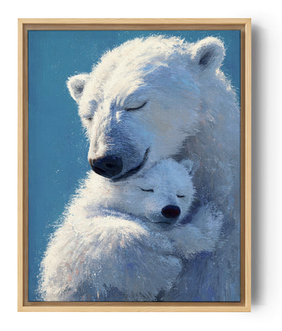 Baby nursery wall art of polar bear mom and cub on soothing blue, gentle minimalist style
