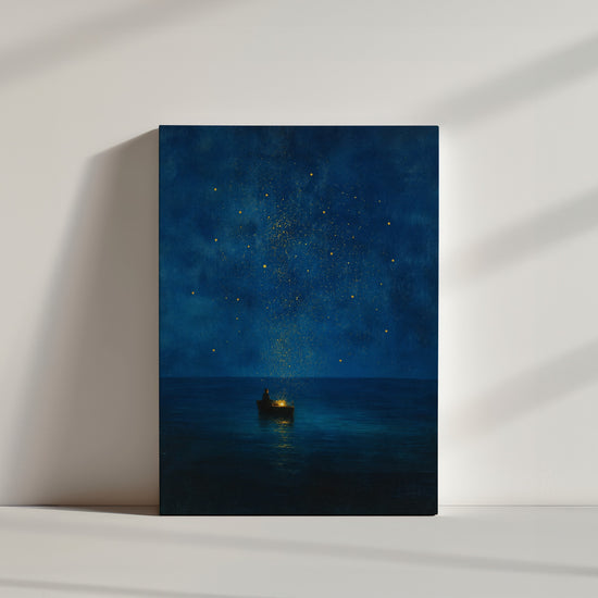 Tableau chambre bébé ciel étoilé bleu nuit barque dorée ambiance minimaliste épurée