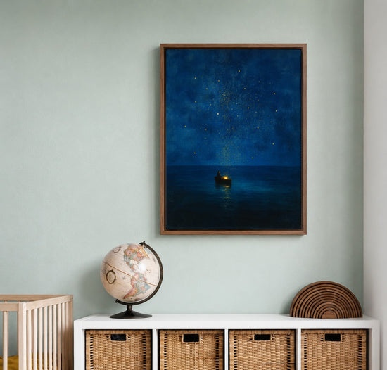 Tableau chambre bébé ciel étoilé bleu nuit barque dorée décoration murale apaisante