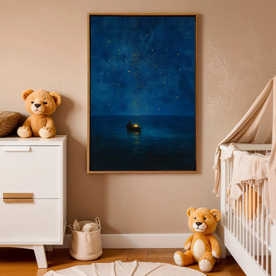 Tableau chambre bébé ciel étoilé bleu nuit barque dorée décoration murale apaisante