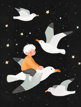 Tableau chambre bébé enfant volant avec mouettes ciel étoilé fond noir déco poétique