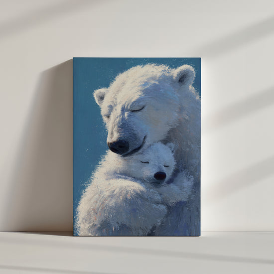 Tableau chambre bébé ours polaire et ourson câlin fond bleu doux dans ambiance minimaliste lumineuse