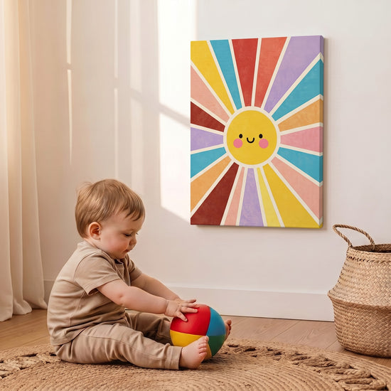 Tableau chambre bébé soleil souriant multicolore décoration murale éveil enfantin