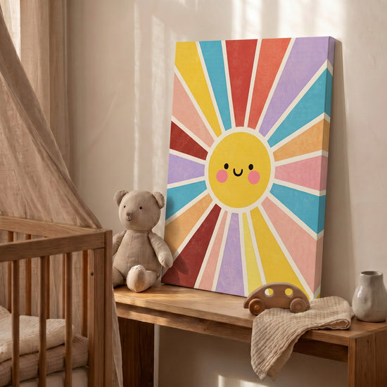 Tableau chambre bébé soleil souriant multicolore décoration murale éveil enfantin