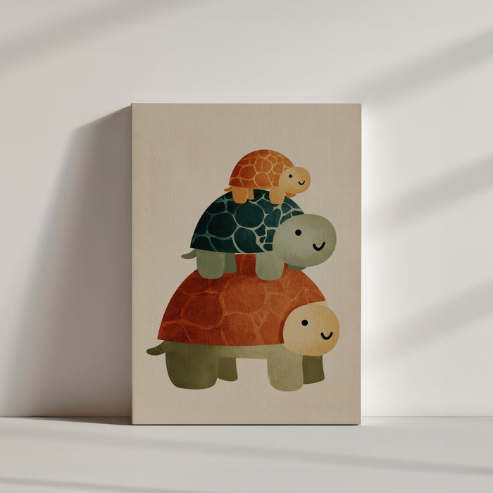 Tableau chambre bébé trois tortues empilées couleurs douces présentation produit toile décorative