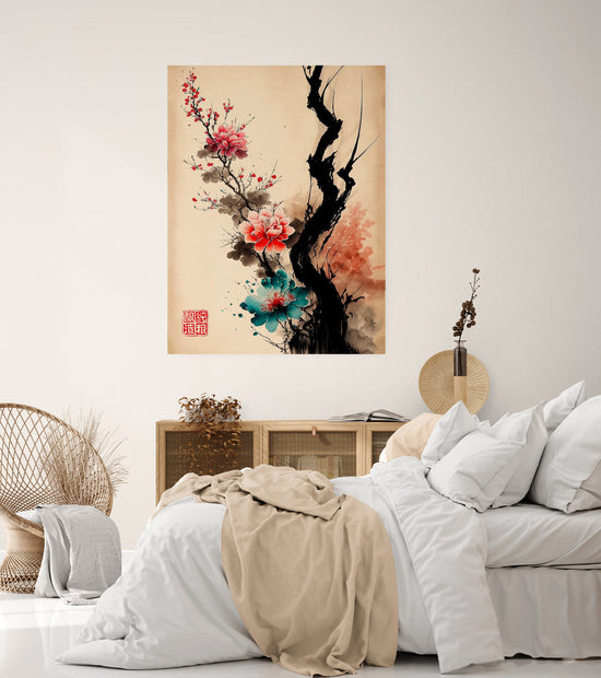 adult bedroom painting, Japanese calligraphy art, pink flowers, ink painting, stylized