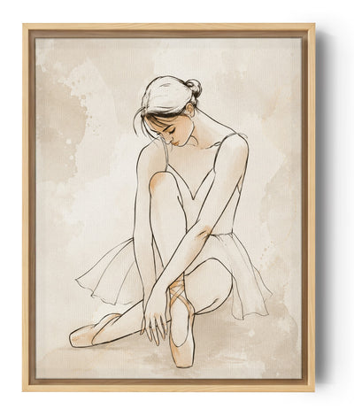 Ballerina canvas wall art for girls’ room in beige and gold tones, delicate illustration of dancer on pointe
