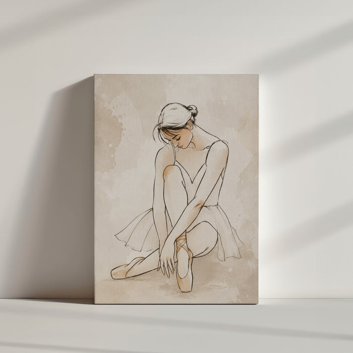 Tableau chambre fille ballerine beiges dorés, toile texturée posée au sol ambiance minimaliste épurée