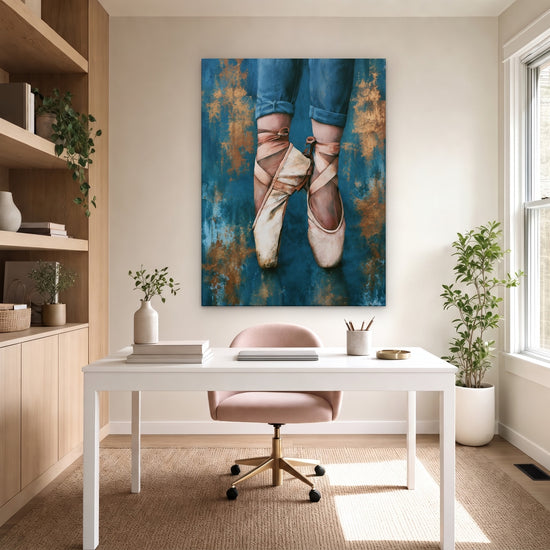 Tableau chambre fille pointes danse classique fond bleu doré décoration murale personnalisée