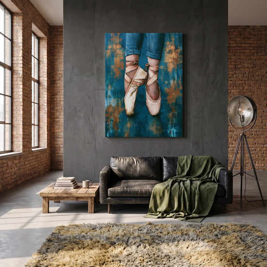 Tableau chambre fille pointes danse classique fond bleu doré décoration murale inspirante
