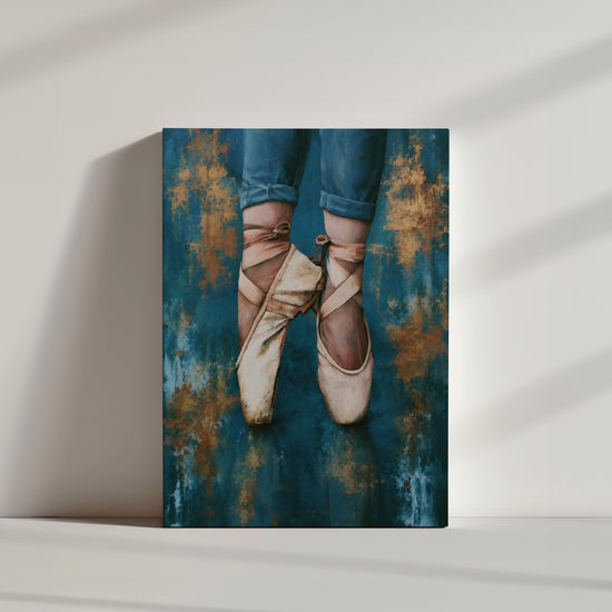 Tableau chambre fille pointes danse classique bleu doré décoration murale ambiance épurée