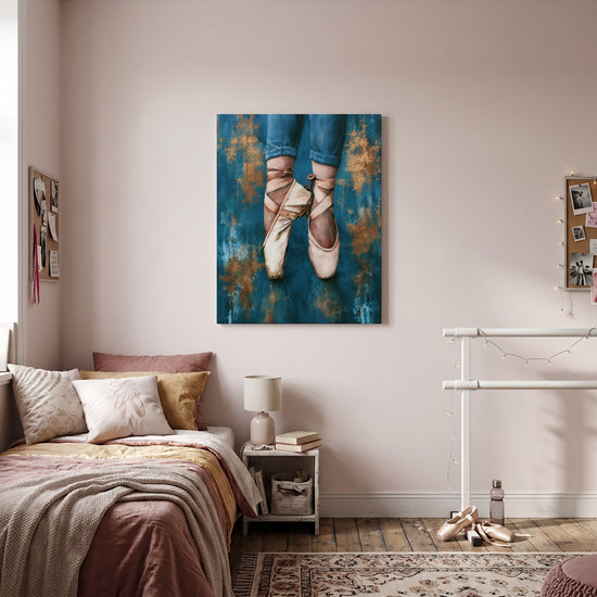 Tableau chambre fille pointes danse classique fond bleu doré décoration murale