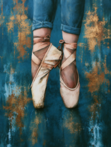 Tableau chambre fille pointes danse classique fond bleu doré style artistique