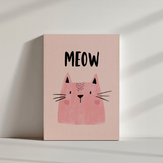 Minimal Scandinavian pink cat poster, MEOW, light beige backdrop, bright and airy look
