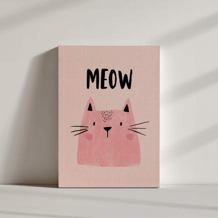 Minimal Scandinavian pink cat poster, MEOW, light beige backdrop, bright and airy look