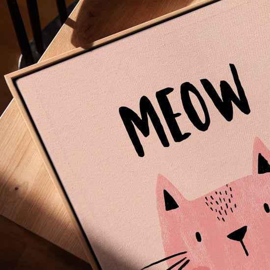 Pink cat nursery print in oak frame on table, MEOW typography, kids room decor