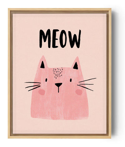 Wandbild Mädchenzimmer rosa Katze MEOW Typografie schwarz beiger Hintergrund sanft kindlicher Stil