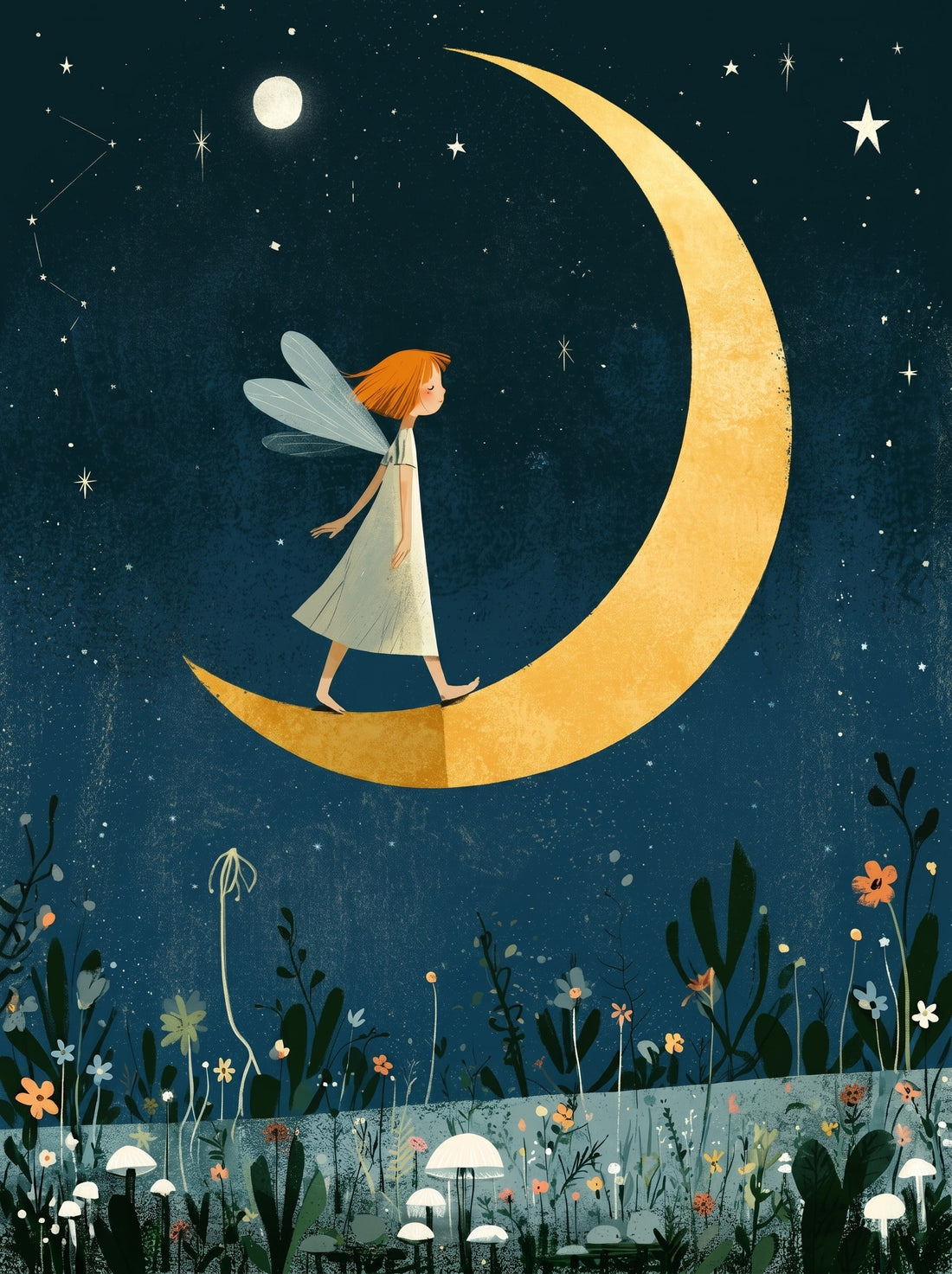 Wandbild Kinderzimmer Mädchen – Kleine Fee auf dem Mond – Sternenträume & sanfte Nächte