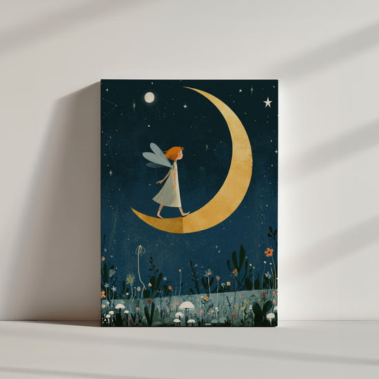 Tableau chambre fillette fée lune dorée ciel étoilé posé au sol ambiance épurée et lumineuse