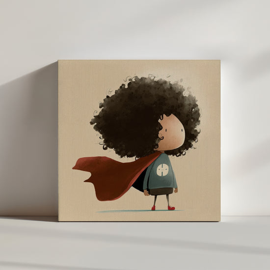 Tableau pour chambre de petit garçon, un enfant en super héros et cap rouge