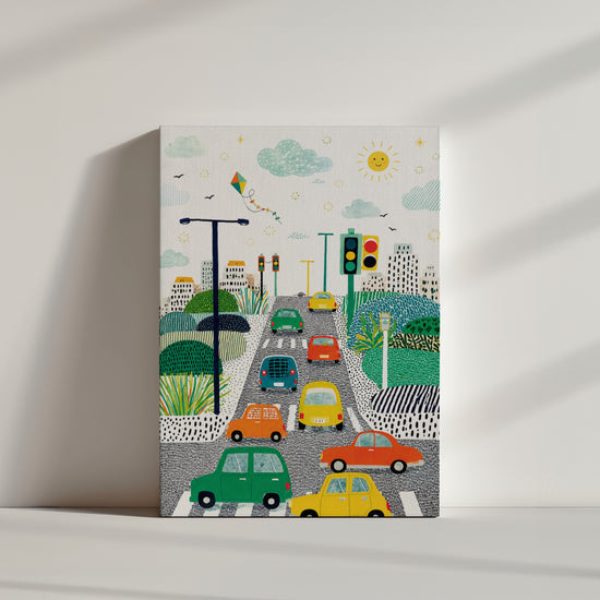 Tableau chambre garçon voitures colorées en ville style graphique enfantin ambiance minimaliste
