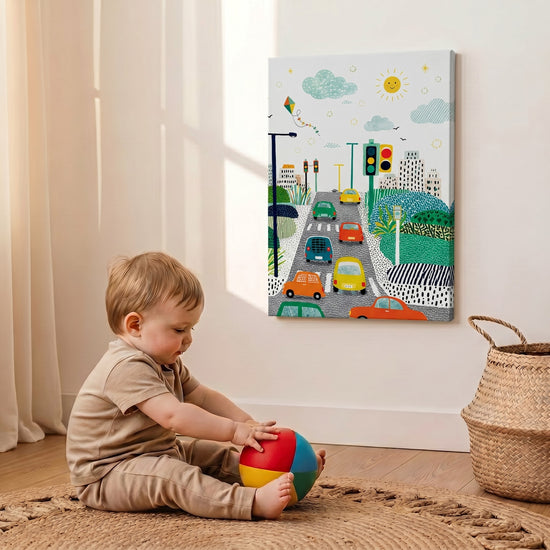 Tableau chambre garçon voitures colorées ville ludique style graphique décoration murale enfant