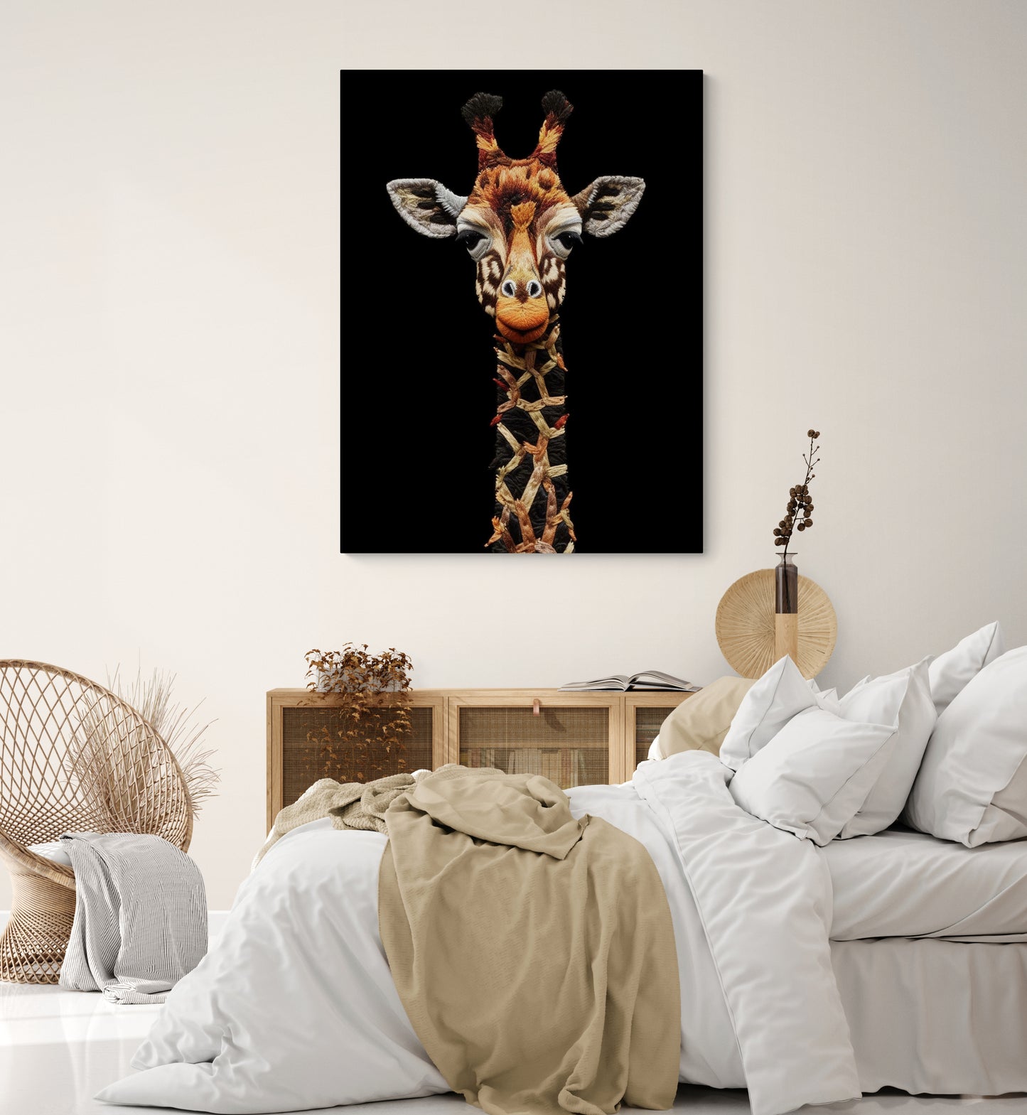 Toile girafe enrichit l'ambiance naturelle et douce d'une chambre adulte.