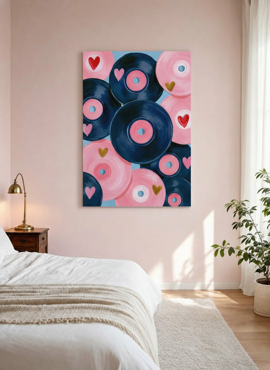 Tableau chambre vinyles roses et bleus avec cœurs dorés pop art romantique décor moderne