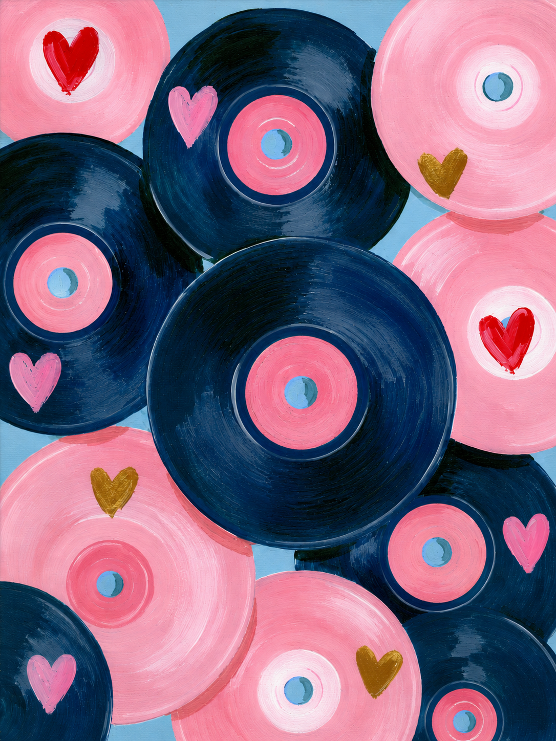 Tableau chambre Vinyles romantiques - Rose bleu et cœurs dorés