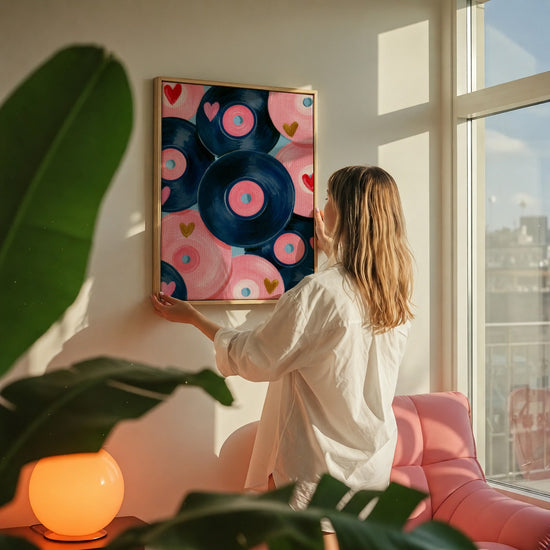 Tableau chambre vinyles roses et bleus cœurs dorés décoration murale salon coloré pop art