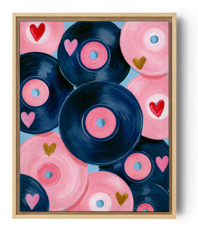 Pink and blue vinyl record wall art with hand-painted gold hearts for bedroom decor
