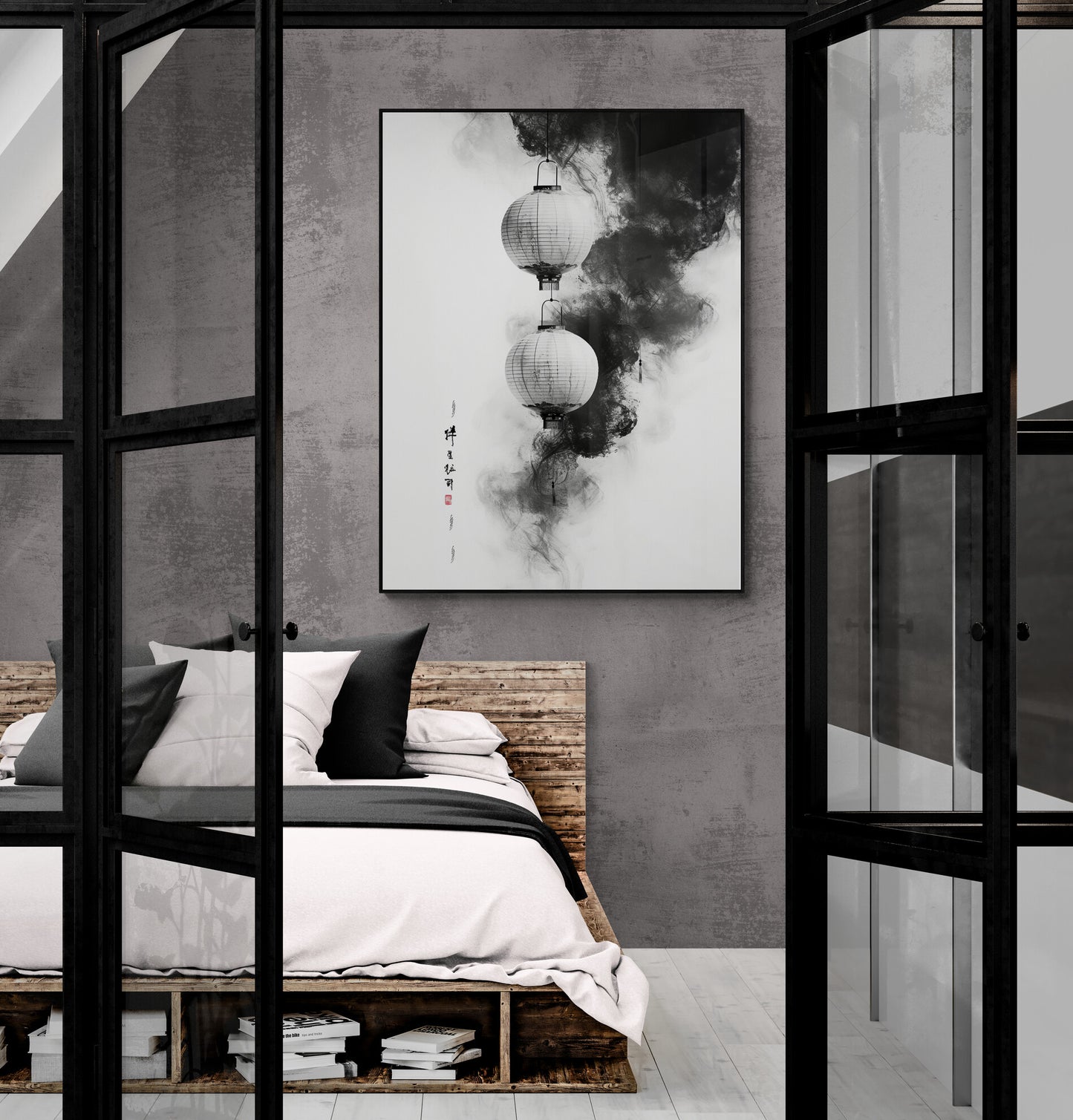 Chambre moderne avec tableau monochrome de lanternes japonaises et fumée abstraite.