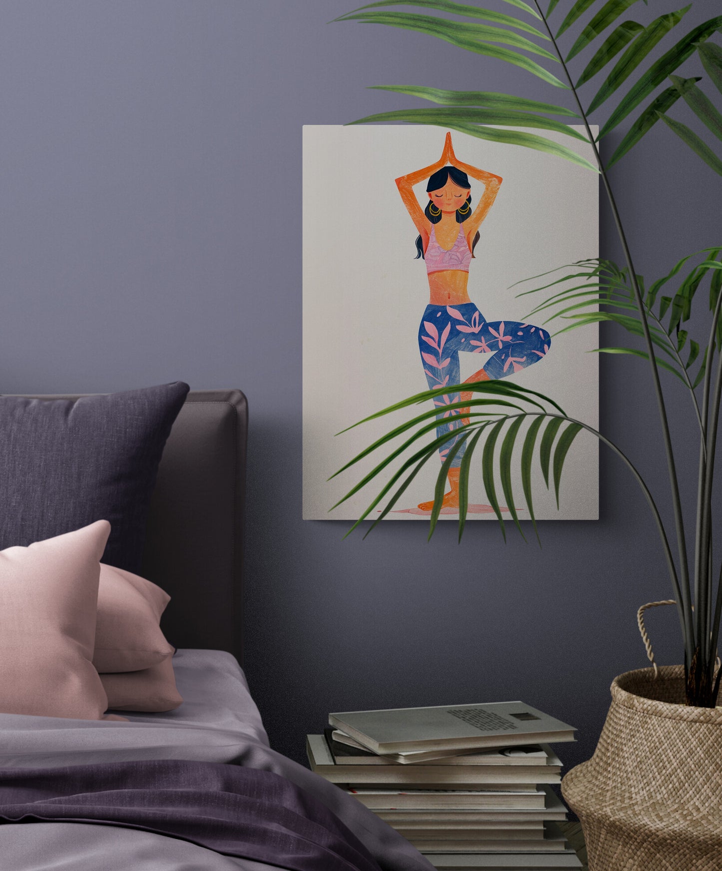Tableau de yoga apportant sérénité et couleur à une chambre paisible.
