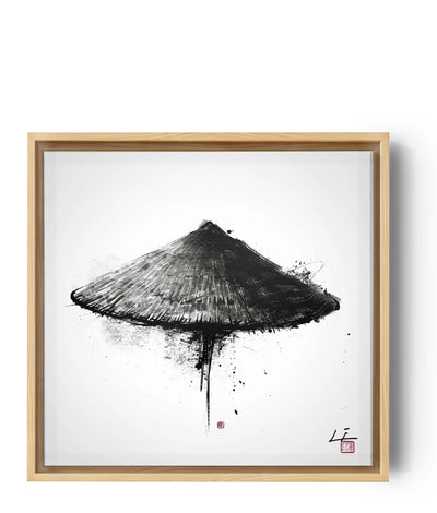 Black and white Asian rice hat on an ink-splatter background, sumi-e ink art