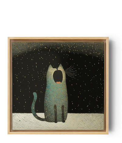 Illustration einer gähnenden Katze auf einem dekorativen Wandbild fürs Kinderzimmer, das eine poetische und lustige Stimmung erzeugt.