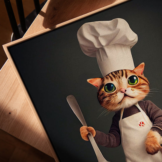 Tableau chat chef cuisinier pour salon toile cadre chêne doré