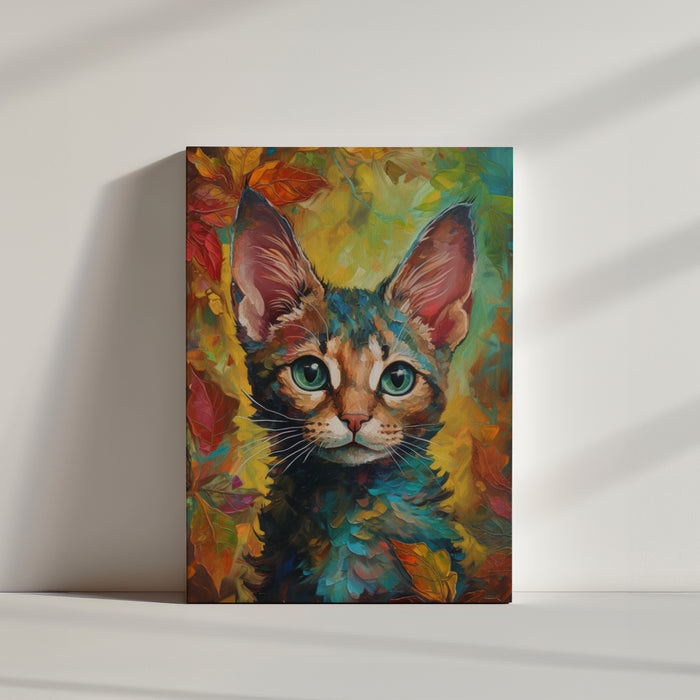 Vibrant cat painting featuring a dreamy, nostalgic, whimsical backdrop