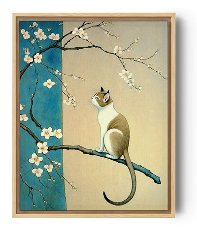 Japanisches Wandbild, Katze auf Kirschbaum, blauer und beiger Hintergrund