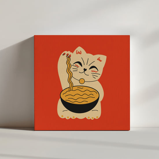 Orange poster with a beige cat seated, holding a ramen noodle bowl in its paws