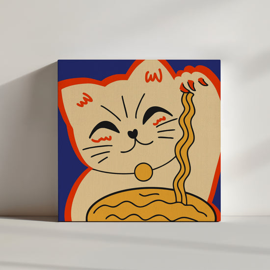 Flat illustration of a beige Maneki-neko (Japanese lucky cat) with orange outline on a blue background, smiling and holding ramen noodles in its right paw