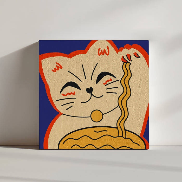 Flat illustration of a beige Maneki-neko (Japanese lucky cat) with orange outline on a blue background, smiling and holding ramen noodles in its right paw