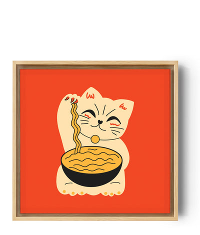 Ein oranges Bild mit der Zeichnung einer beigen Katze, die auf sich selbst sitzt und eine Nudelschale in den Pfoten hält
