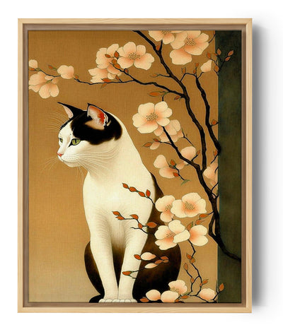 Tableau traditionnelle japonais le chat, Sakura, camaïeu de couleurs chaudes