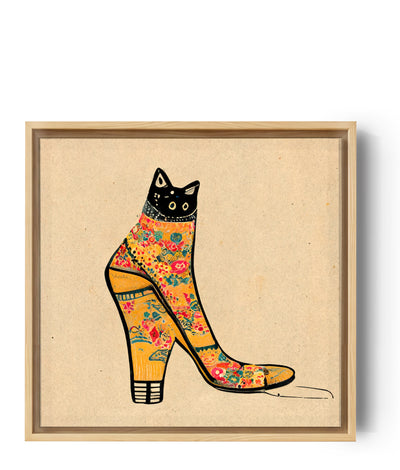Original black cat art: a mischievous cat hidden inside a women's floral shoe, blending Japanese minimalism with a retro vibe; only its surprised eyes peek out for a playful, comic touch