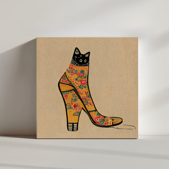 Unique black cat painting: mischievous tomcat hiding in a floral women's shoe, Japanese minimalist style with retro flair; only the surprised eyes visible for a humorous effect