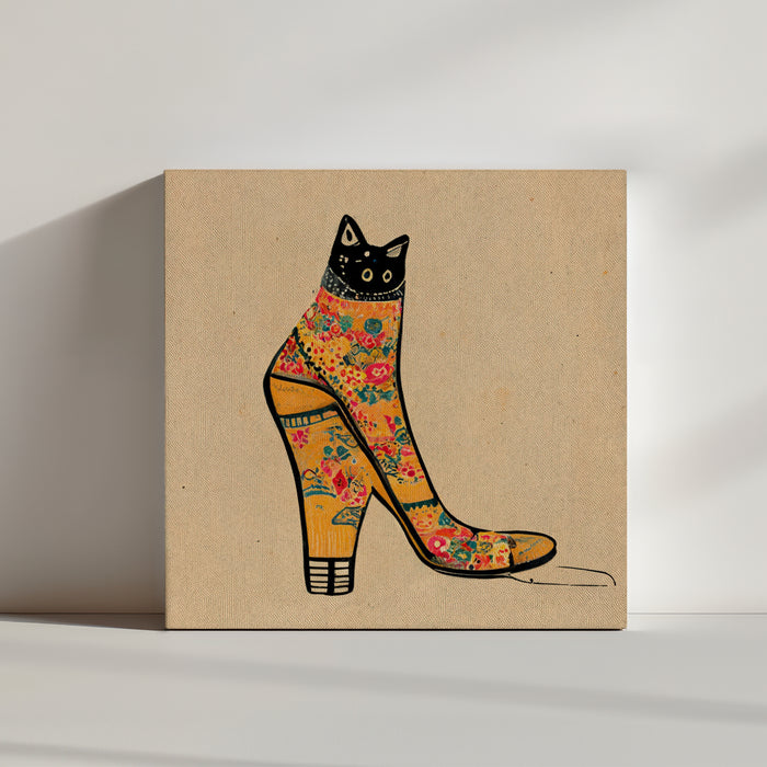 Unique black cat painting: mischievous tomcat hiding in a floral women's shoe, Japanese minimalist style with retro flair; only the surprised eyes visible for a humorous effect