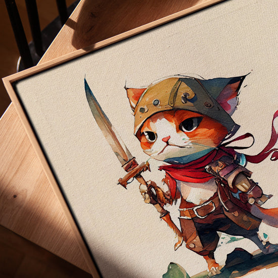 Adventurous pirate cat wall art with sword for Scandinavian living room decor