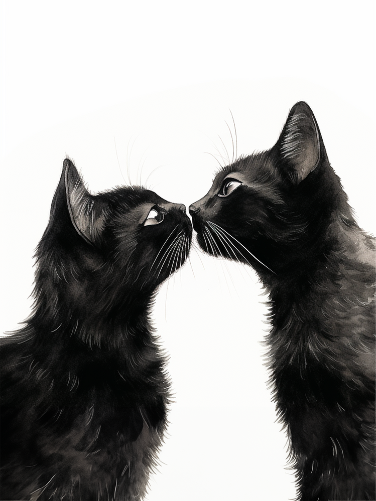 Deux chats noirs se tiennent face à face, leurs museaux presque touchants, dans un dessin en noir et blanc empreint d'intimité et d'émotion.