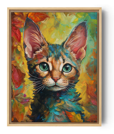 Colorful cat wall art with a dreamy, nostalgic, whimsical background