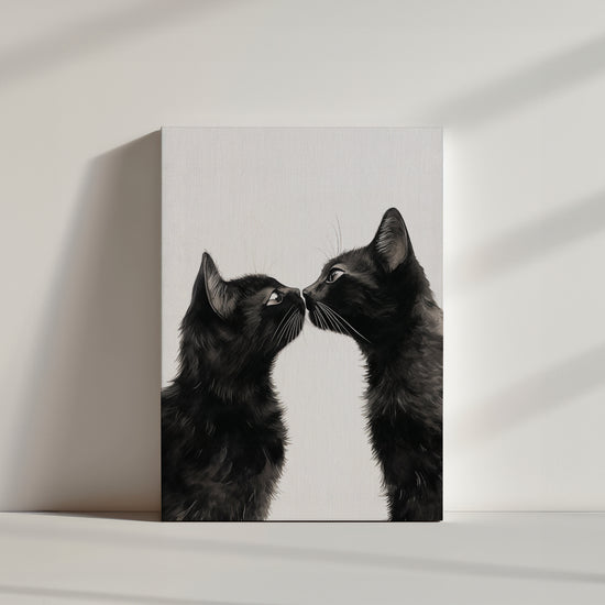 Minimalist black-and-white drawing of two black cats nose to nose, emotional feline wall art